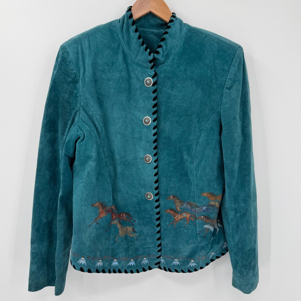 Vintage Patricia Wolf Suede Jacket Teal Horses Western Padded NWT Medium